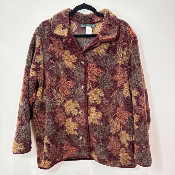 VTG Orvis Brown Leaf Sherpa Jacket Women L Baggy Plush Corduroy Teddy 80s Chore - Picture 1 of 11